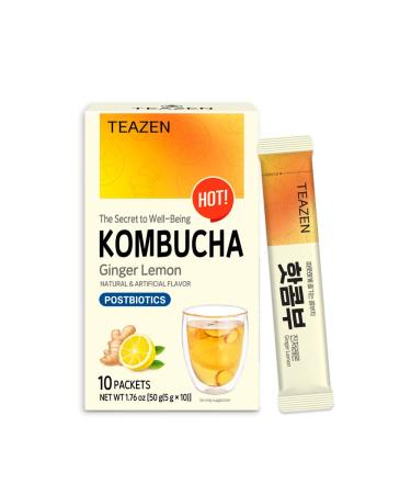 TEAZEN Lemon Ginger Hot Kombucha Tea, Live Probiotics & Postbiotics, Relaxation and Warmth for Colds and Sore Throat, Zero Sugar, Low Caffeine, Fermented Kombucha Powder from Korea, 10 Sticks, 1.76oz