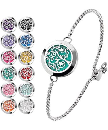 Essential Oil Diffuser Bracelet Stainless Steel Aromatherapy Locket Adjustable Bracelet Set with 24 Refill Pads A-Silver