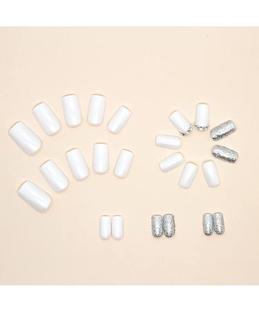 24Pcs Short Square White Press on Nails with Silver Sequin Design - Rhinestone Acrylic False Nails for Women and Girls | Glossy Full Cover Artificial Nails (Style 10) - Buy Online on GoSupps.com