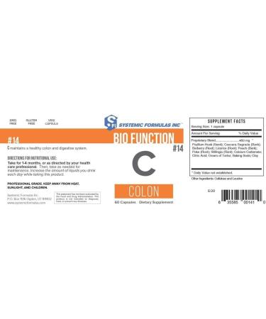 Systemic Formulas Bio Function C Colon - #14 60 Capsules. Liver and Colon Support Colon Care. Mildly Laxative for Temporary weak Bowel Function. Healthy Liver Pills detoxify Liver - Buy Online on GoSupps.com