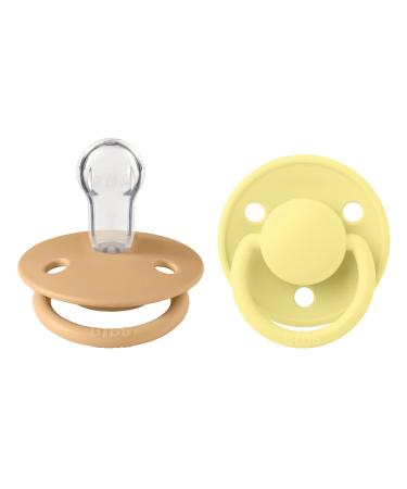 BIBS De Lux Pacifier 2-Pack BPA-Free Cherry Shaped Nipple. Silicone One Size (0-36 Months) Desert Sand/Sunshine