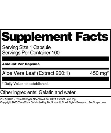 Extra Strength Aloe Vera Leaf 200:1 Extract - 450 mg (100 Capsules ZIN: 514071) - Buy Online on GoSupps.com