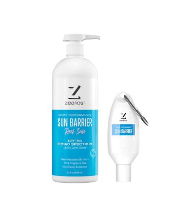 Zealios Reef Safe Sun Barrier Broad Spectrum SPF 50 Zinc Sunscreen (32 oz) + 2 oz Tottle - Water-Resistant & Non-Greasy Active Sport Sunblock Lotion Paraben-Free Sunscreen