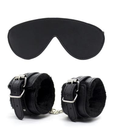 Soft Leather Plush Adjustable Eye Mask and Fluffy HandCuffs Suit for Home Yoga Gyms Party Black