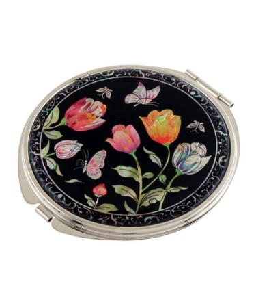 Mother of Pearl Yellow Pink Red Tulip Flower Design Double Compact Magnifying Cosmetic Makeup Handbag Pocket Purse Mirror