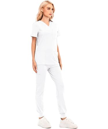 Women's Scrubs Set - White XL Jogger Pants & V-Neck Top, Stretchy Nurse Uniform with Pockets - Buy Online on GoSupps.com