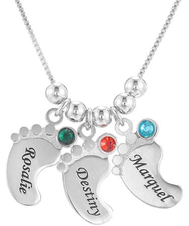 Personalized Sterling Silver Mom Necklace with Baby Name Charms and Birthstone Feet - Mother's Day Gift - Buy Online on GoSupps.com
