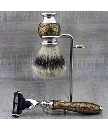 Premium Men's Shaving Kit | 3 Edge Razor Silver Tip Badger Brush & Dual Stand - Buy Online on GoSupps.com