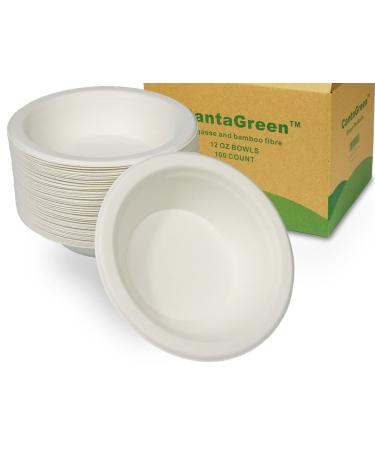CantaGreen 12 OZ Compostable Bowls 100 Count Heavyduty Sugarcane/Bagasse and Bamboo Fibre Biodegradable Disposable Paper Bowls