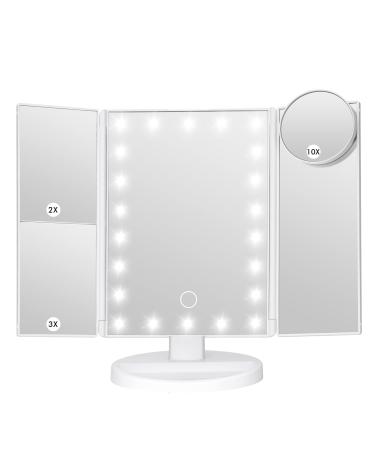LeeWent Makeup Mirror Vanity Mirror with Lights  Bathroom Adjustable Brightness Mirrors 1X/2X/3X/10X Magnification and Touch Screen Trifold Makeup Mirror Two Power Supply Modes Women Gift White