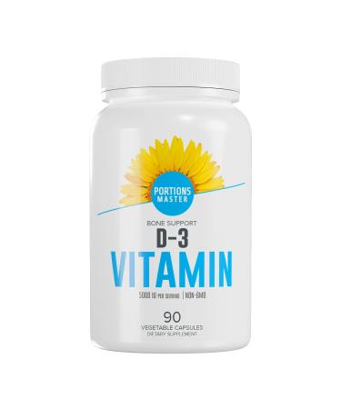 Portions Master Vitamin D3 5000 IU High Potency Cholecalciferol Supplement,Supports Bone Health, Immune Function & Mood, Non-GMO, Gluten-Free (90 Vegetable Capsules)