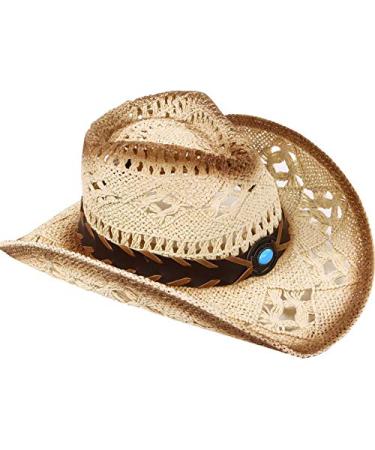 Livingston Men & Women's Woven Straw Cowboy Hat w/Hat Band A-blue Bead_beige