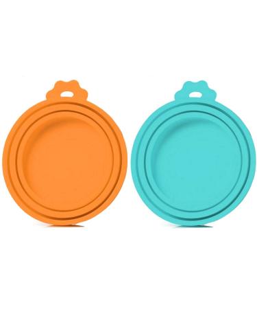 SLSON 2 Pack Pet Food Can Cover Universal Silicone Cat Dog Food Can Lids 1 Fit 3 Standard Size Can Tops Orange+Blue
