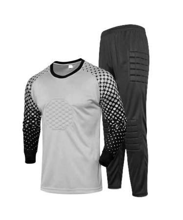 Hueook Padded Goalkeeper Soccer Jersey and Pants Set for Adult/Kids Long Sleeves Goalie Shirt Football Training Uniform 3X-Large Gray