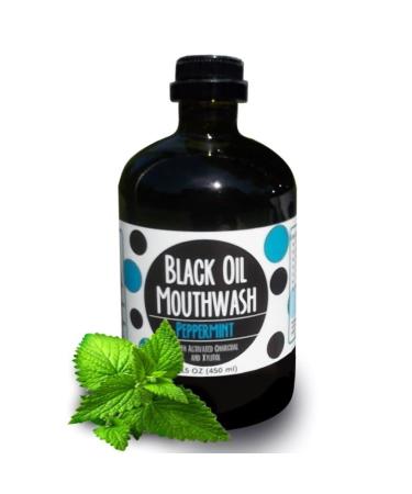 Coconut/Avocado/Sesame Oil Mouthwash Sweet & Delicious Peppermint with Charcoal & Xylitol for Oil Pulling 15 oz Black Oil Mouthwash Glass Bottle (Peppermint)