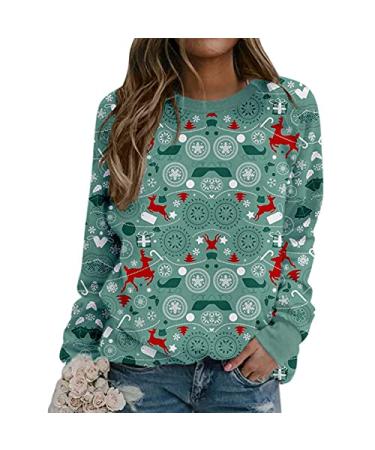 Kiasebu Sweatshirts for Women, Womens Christmas Shirts Crewneck Long Sleeve Graphic Vintage Loose Fall Tops Sweaters Blouse X-Large A01-green