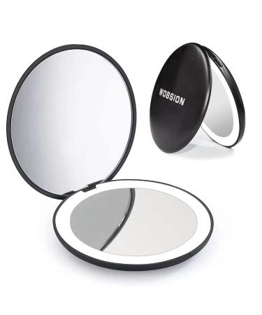 wobsion Small Travel Mirror ,1x/10x Magnification Compact Mirror with Light,,Dimmable Small Pocket Mirror, Portable Travel Makeup Mirror for Handbag,Purses,Gifts for Girls,Battery Power… Battery Black