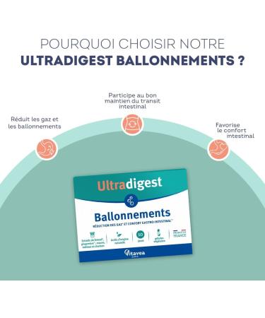 Ultradigest Bloating - Gastrointestinal Comfort - Charcoal Purple Fennel Melissa Ginger - Facilitates Digestion - 30 Vegetable Capsules - 10 Days - Made in France Vitavea - Buy Online on GoSupps.com