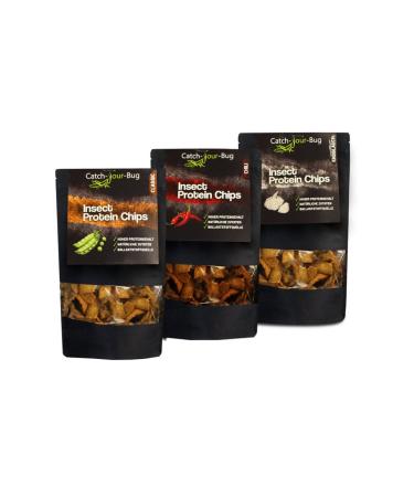 3 Pack Edible Insect Chips - 24% Protein - Catch-Your-Bug - Healthy Snack from Lentil and Pea Flour with BBQ Powder - Chili Pepper Garlic
