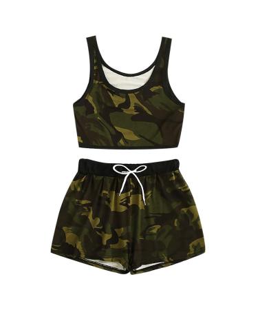 Nevera 2020 Summer Fashion Casual 2 Piece Outfit for Women Camo Print Tank Top with Drawstring Shorts Set X-Large Army Green