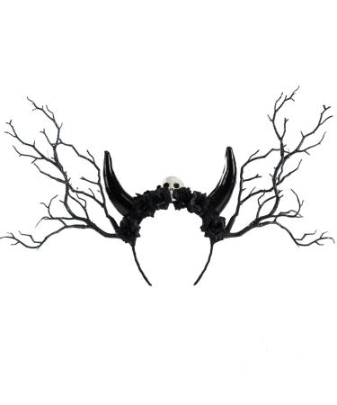 amangul Evil Horn Branch Headband for Adult Cosplay Costume Flower Hairhoop Halloween Party Gothic Festival Tiaras Hairpieces(Section B)