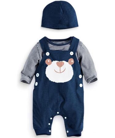 Baby Boys 3pcs Cotton Romper Outfit Set with Hat, Blue, 0-3 Months - Buy Online on GoSupps.com