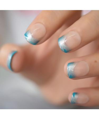 "Blue Lake" Artificial Nails Abstract Lines Short Square French Mani Full Cover 24pcs