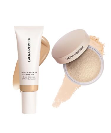 Laura Mercier Tinted Moisturizer Natural Dewy with SPF 30 24HR+ Hydration Shade 2N Maple and Translucent Loose Talc-Free Setting Powder Ultra-Blur: Hyaluronic Acid Infused Shade Translucent Bundle
