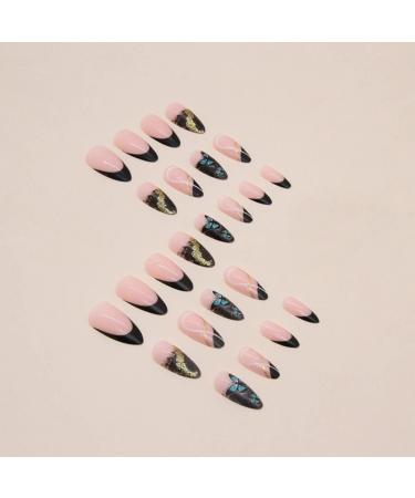 JUSTOTRY 24 Pcs Black Glitter Butterfly Almond Short False Nails with Nail Glue - Oval Medium Stick on Nails for Women - Buy Online on GoSupps.com