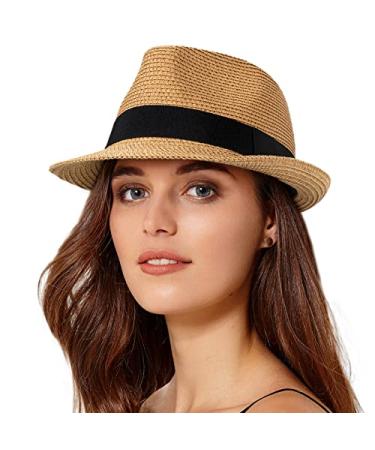 Womens Short Brim Straw Sun Hat Fedora Trilby Hat Panama Men Roll Up Packable Beach Hats One Size Khaki
