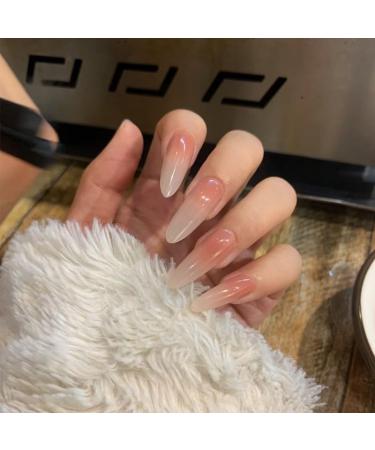 24Pcs/Set Press On Nails Pink transparent shiny crystal halo dyeing sensation long False Nails Acrylic Fake Nails Full Cover Nails Tips Artificial Finger Manicure Press on nails for Women and Girls