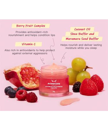 PrimeCove - Overnight Buttermask For Lips (20g) | Strawberry Flavour | Repair Brighten Moisturise Soften & Smooth | Wake Up To Lucious Nourised Lips! - Buy Online on GoSupps.com