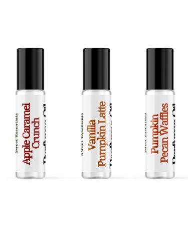 Sweet Essentials Fall Favorites Set 1 Roll-On 3 Pack Fragrance/Perfume Oil Made with Organic Oils Roll-On Perfume Hair & Body Oil - Alcohol Silicone & Preservative Free (Pumpkin Vanilla Apple)