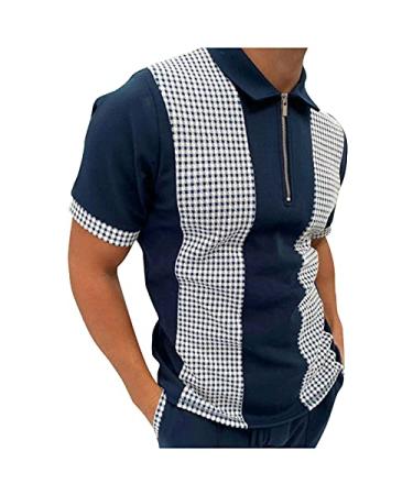 Men's Classic Short Sleeve Polo Shirt Zip Up Casual Summer Slim Fit T-Shirts Striped Graphic Printed Tops Beach Tees B-blue XX-Large