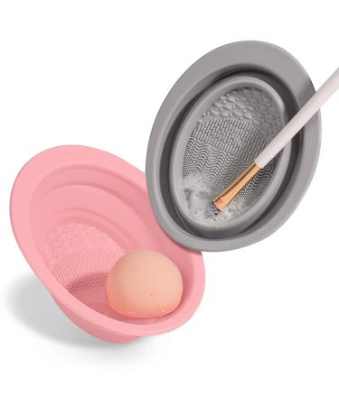 2 Pack Makeup Brush Cleaner Mat - Silicon cleaning Pad & Bowl Scrubber Portable Washing Tool for Makeup Brush Makeup Sponge Powder Puff (Gray & Pink)