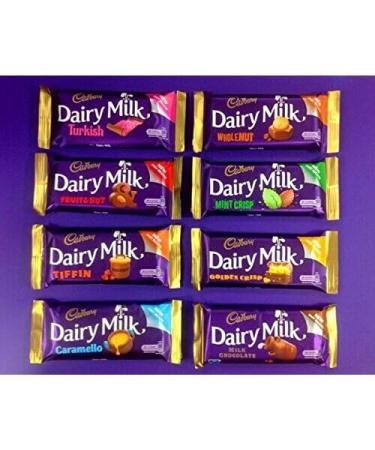 Cadbury Irish Cadbury Dairy Milk Chocolate Tiffin Turkish Delight Mint Crisp Golden Crisp Fruit & Nuts Wholenut Bar & Irish Caramello - 8 Packets