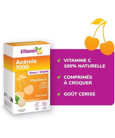 VITAMIN'22 - Acerola 1000 - Compl ment alimentaire base d'Ac rola- Vitamine C 100% d'origine naturelle - Sans sucre - Sans gluten - Go t Cerise - Cure de 24 j - Lot de 3 produits Lot de 3 - 72 comprim s - Buy Online on GoSupps.com
