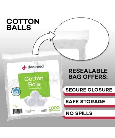 Dealmed Cotton Balls 1000 Count Non-Sterile Bag - Skin Prep, Wound Cleansing & DIY - Zip-Locked Bag for Easy Access - Pack of 1 - Buy Online on GoSupps.com