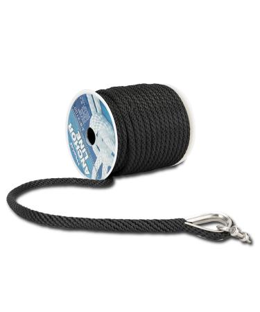 MARINE SYSTEM Made 3/8 Inch 100FT 150FT Premium Solid Braid MFP Anchor Line Braided Anchor Rope/Line with Stainless Steel Thimble and Shackle (3/8" x 100') 3/8"x100' Black