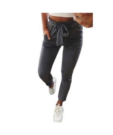 Ronony ladies straight leg pair of single -colored summer pants lots of summer fabric trousers light long leisure pants with bag hip belt regular fit pants casual comfortable beach pants xl 001#gray