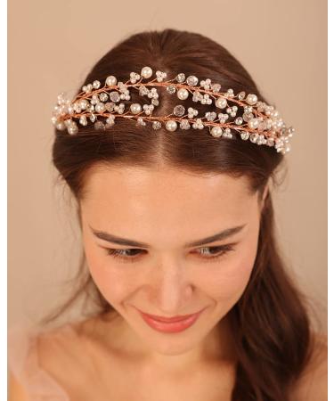 Kercisbeauty Wedding Bridal Pearl and Crystal Hair Tiaras Boho Cute Beaded Princess Crown Banquet Party Special Occasion Handmade Jewelry for Women Girls Gold