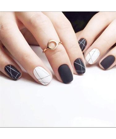 HUIL Artificial Nails Thin Black and White Thin False Nails Frosted Line False Nails Bride Finished Nail Patch