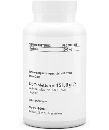 Pack of 3 Vita World L-Ornithine 1000 mg Tablets - High Dosage Vegan Supplement | 120 Tablets Each - Pharmacist-Produced 1 Tablet Daily - Buy Online on GoSupps.com