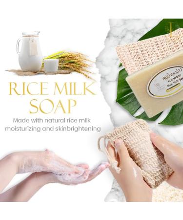 Herbal Rice Milk Soap with Natural Exfoliating Bag | Organic Moisturizing Soap Bar 3.5oz - Collagen & Vitamin E | Made in Thailand - Buy Online on GoSupps.com