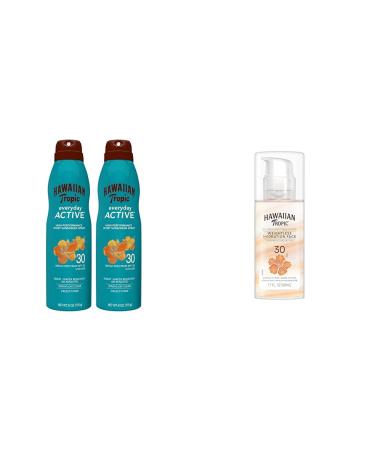 Hawaiian Tropic Everyday Active Clear Spray Sunscreen SPF 30 Twin Pack 6oz Each & Hawaiian Tropic Weightless Hydration Face Sunscreen SPF 30 1.7oz Travel Size