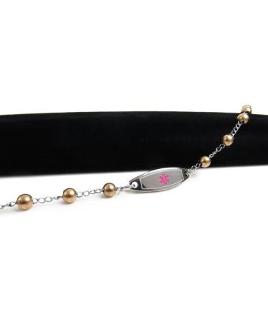 Customized Women's Diabetes Type II Medical Bracelet - Pre-Engraved Mini Steel Beads & Wallet Card - Pink - Buy Online on GoSupps.com