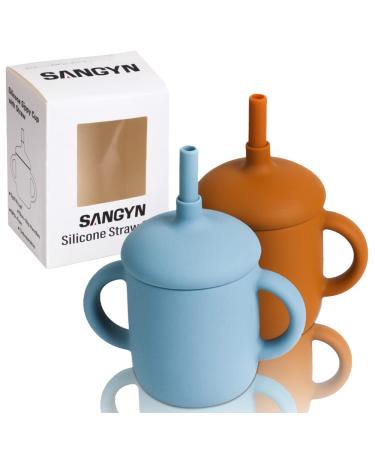 Sangyn 2 Pack Toddler Training Cup with Straw BPA-Free 5 Oz Silicone Sippy Cups Unbreakable Trainer Cup for Babies Toddlers and Infants(Sky Blue Brown)