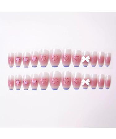 French Tip Press on Nails - Medium Ballet Press On Nails with Nail Tips white bowknot Love heart Design Powder blusher Glossy press on nails Acrylic False Nails Cute Artificial Nails - Buy Online on GoSupps.com