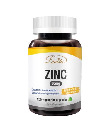 Lovita Zinc 50mg High Absorbable Chelated Zinc (as Zinc Picolinate & Zinc Glycinate) Max Strength Zinc Capsules for Immune Support & Healthy Skin Vegan Friendly 200 Capsules 200 Count (Pack of 1)