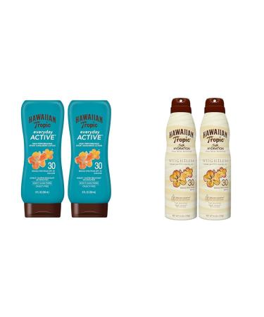 Hawaiian Tropic Everyday Active Lotion Sunscreen SPF 30 Twin 8oz Pack and Weightless Hydration Clear Spray Sunscreen SPF 30 Twin 6oz Pack